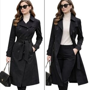 New York & Company Black Midi Double Breasted Trench Coat Professional  S